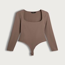 F&F Polyamide Square Neck Long Sleeved Bodysuit in Tan