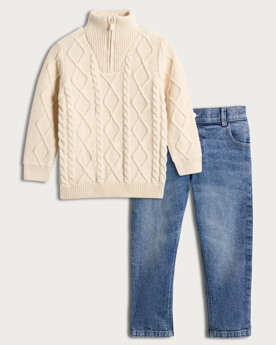 image 1 of F&F Boys 2-PieceCable Knit Jumper and Denim Jeans Set in Cream