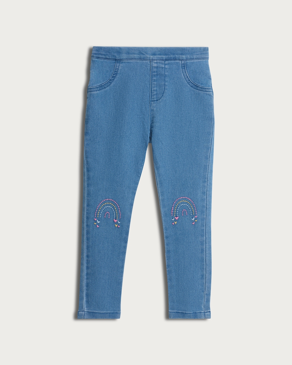 image 1 of F&F Girls Cotton Rich Rainbow Embroidered Denim Jeggings in Blue