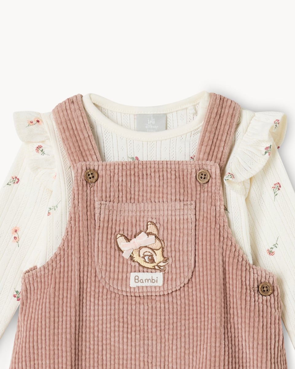 image 1 of Disney Bambi Cotton Rich Corduroy Pinafore, Bodysuit and Tights Set in Pink