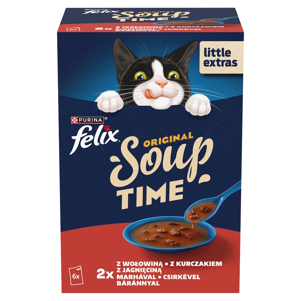 Purina Felix Soup Time Complementary Pet Food for Adult Cats with Beef Chicken Lamb 6 × 48 g (288 g)