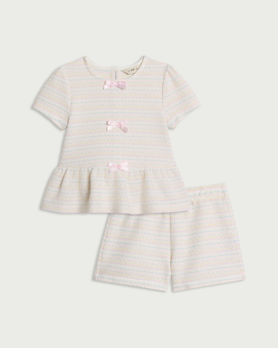 image 1 of F&F Girls 2-Piece Boucle Textured Top and Shorts Set in Cream