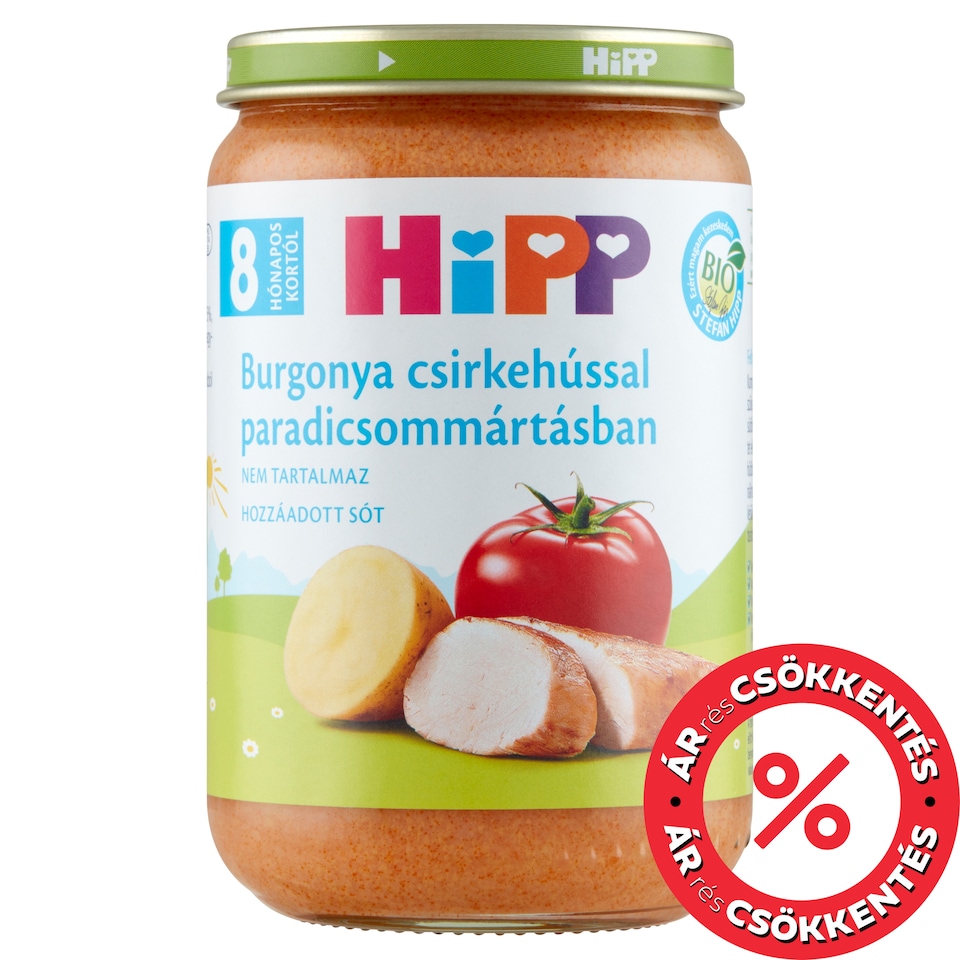 HiPP bio burgonya csirkehússal paradicsommártásban bébiétel 8 hónapos kortól 220 g