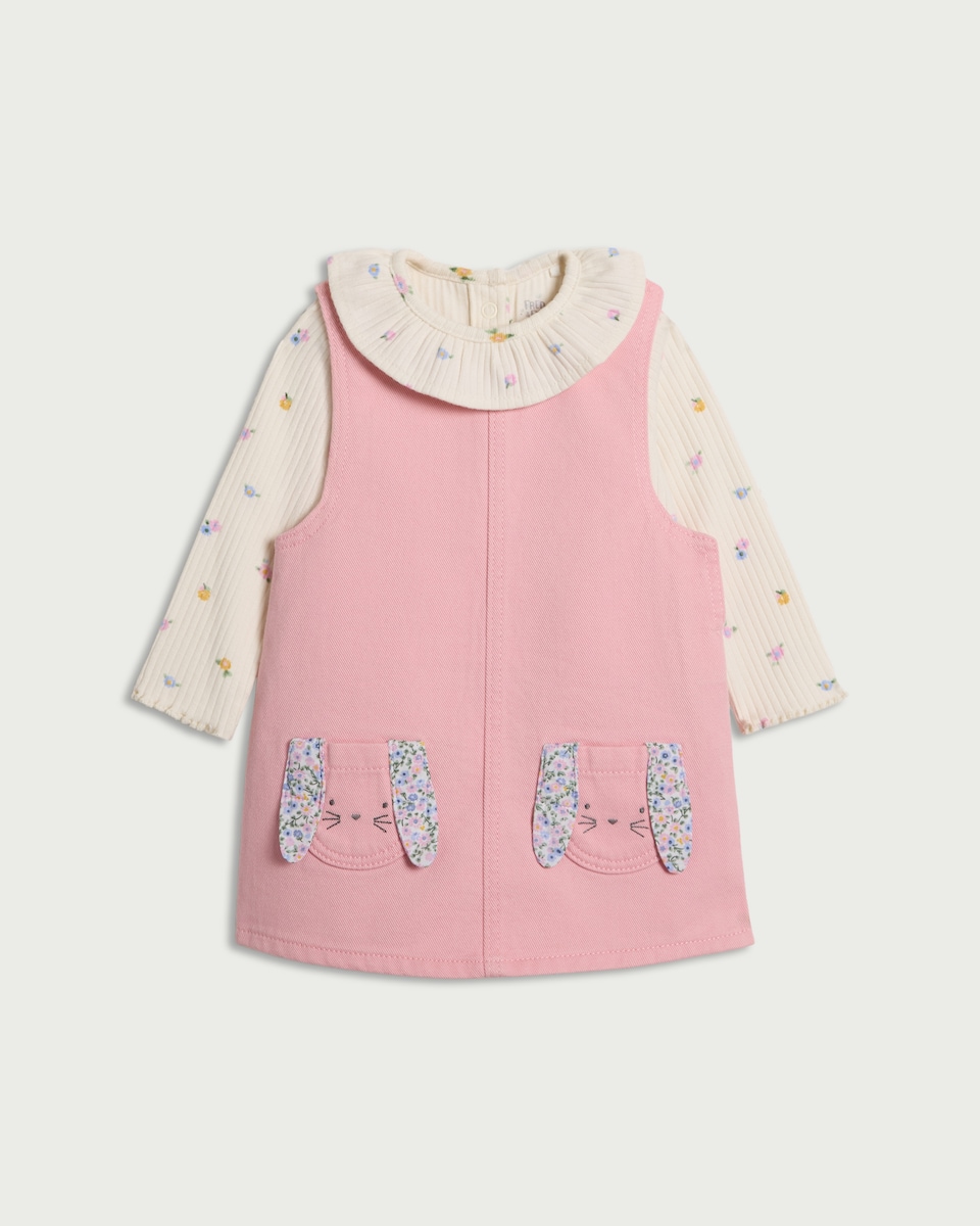image 1 of F&F Baby 2-Piece Bunny Pinafore and Long Sleeved Bodysuit Set in Pink