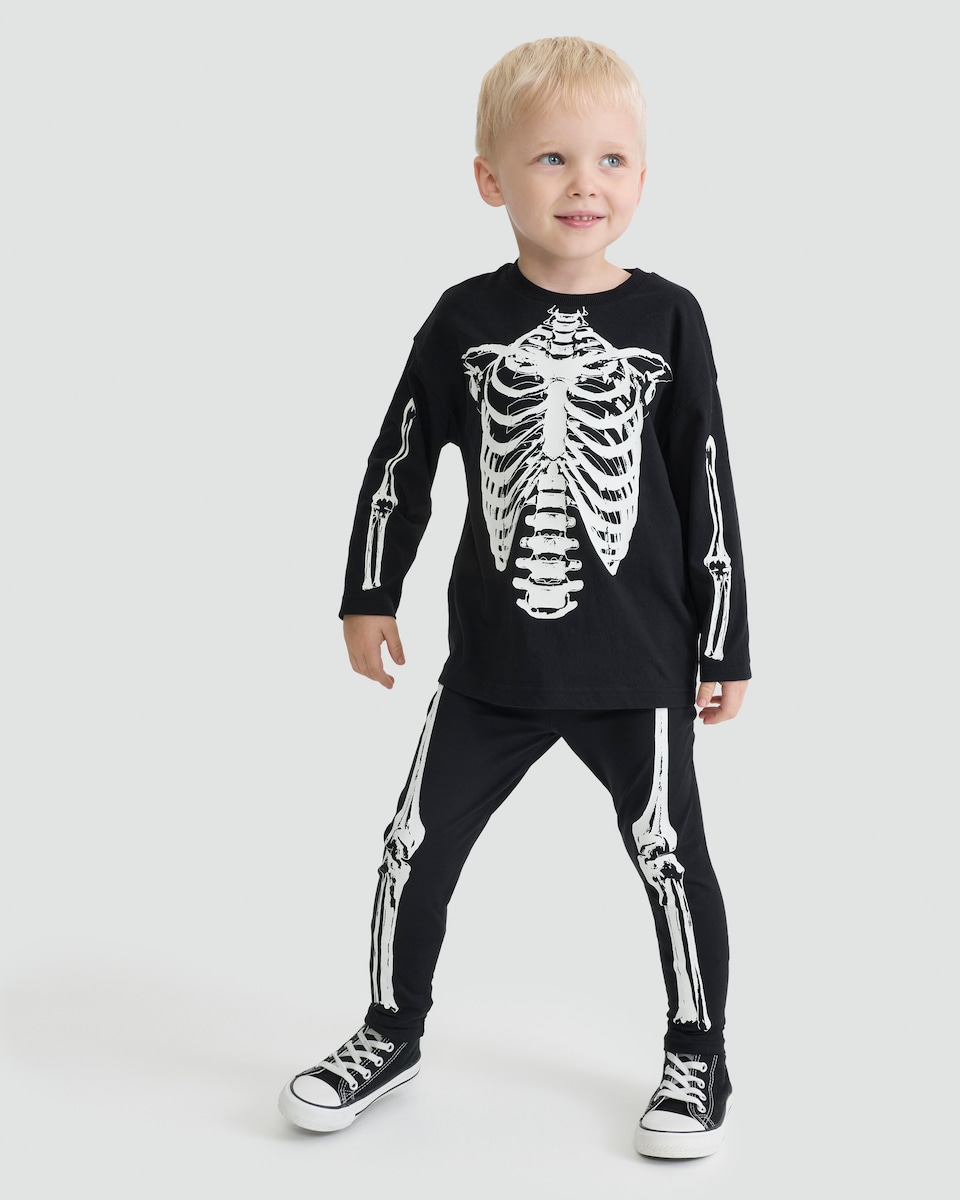 image 1 of F&F Boys Halloween Skeleton Print Top and Leggings Set in Black