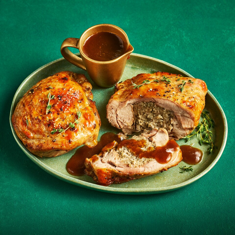 image 1 of 38. Tesco Slow Cooked Turkey Thighs with Pork, Sage & Onion Stuffing & Gravy 795g (Serves 4)