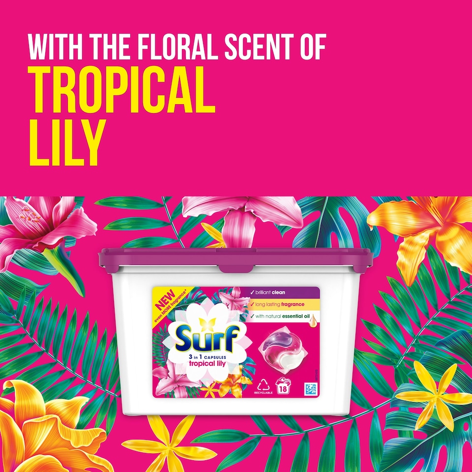 image 1 of Surf 3 In1 Tropical Lily Washing Capsules 18 Washes 311.4g