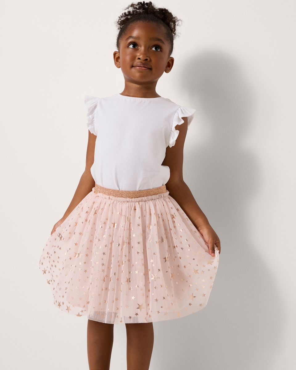 image 1 of F&F Girls Star Print Tulle Skirt in Pink