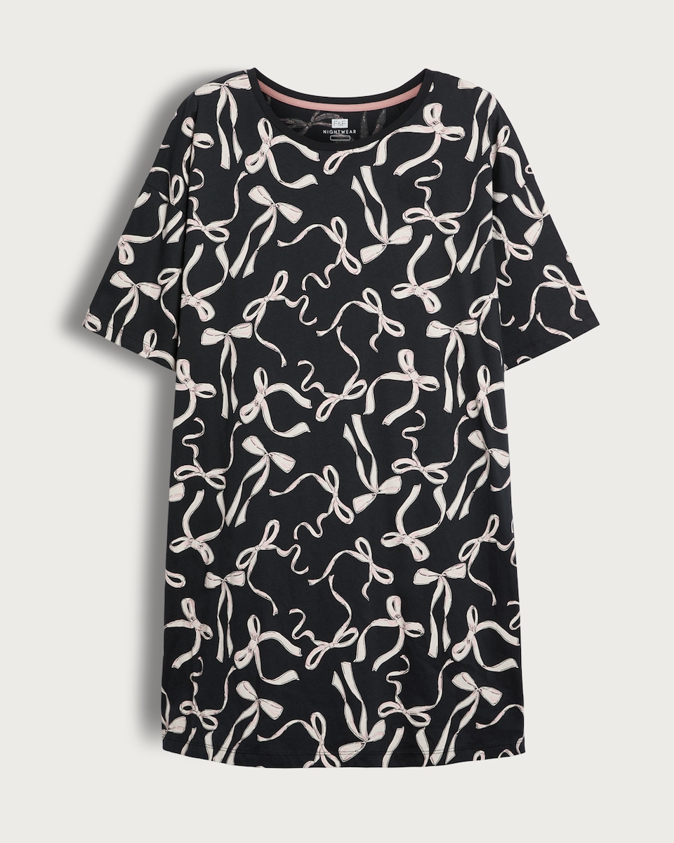 image 1 of F&F Pure Cotton Bow Print Short Sleeved Nightdress in Black