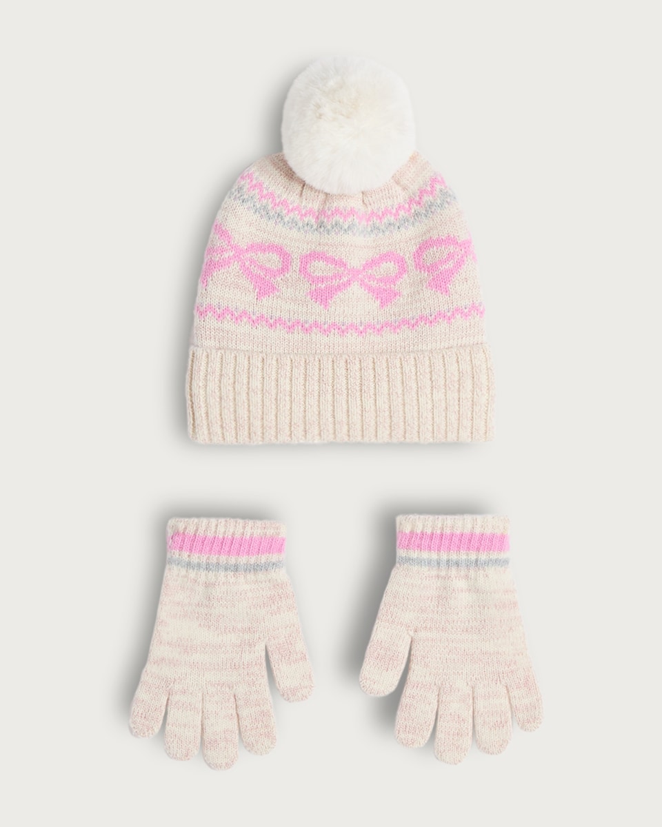 image 1 of F&F Girls 3-Piece Knitted Snood, Gloves and Hat Set in Pink