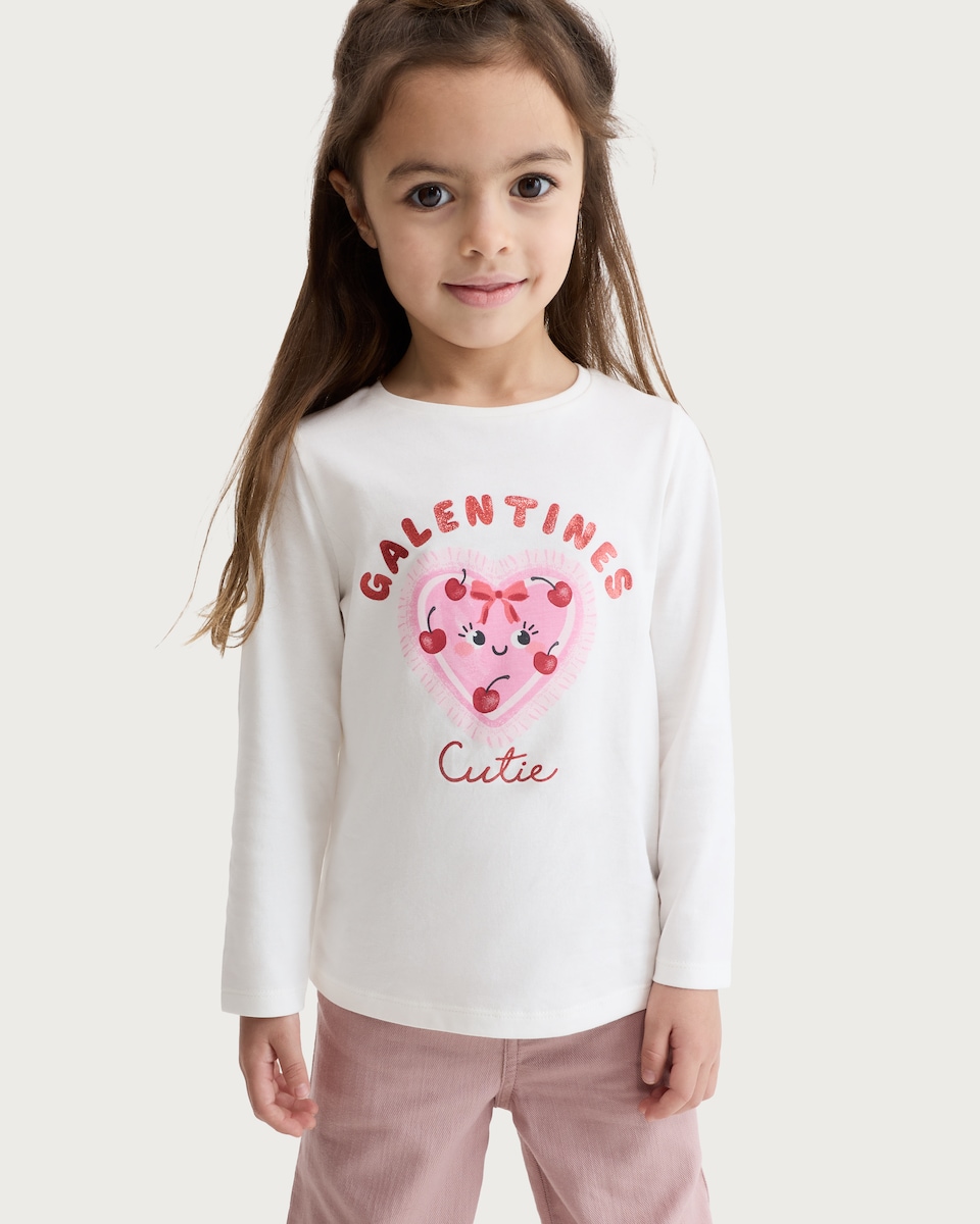 image 1 of F&F Girls Pure Cotton Galentines Cutie Long Sleeved Top in White