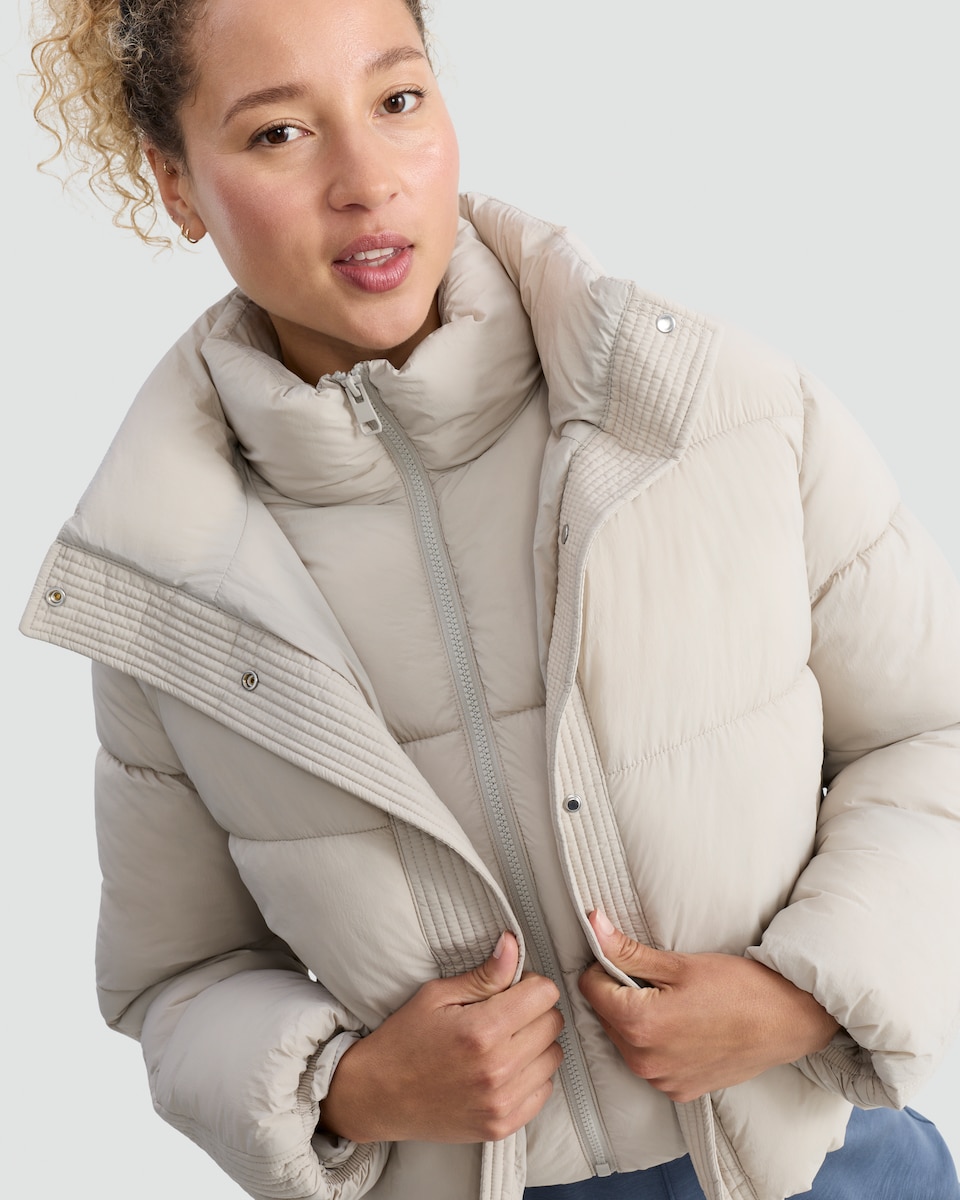 image 1 of F&F Active Cropped High Neck Puffer Jacket in Neutral