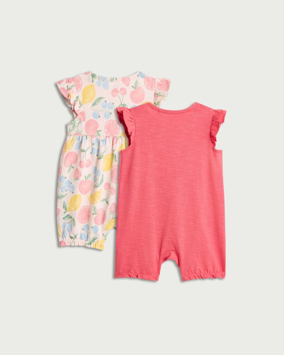 image 1 of F&F Baby 2-Pack Pure Cotton Fruit Print Rompers in Pink
