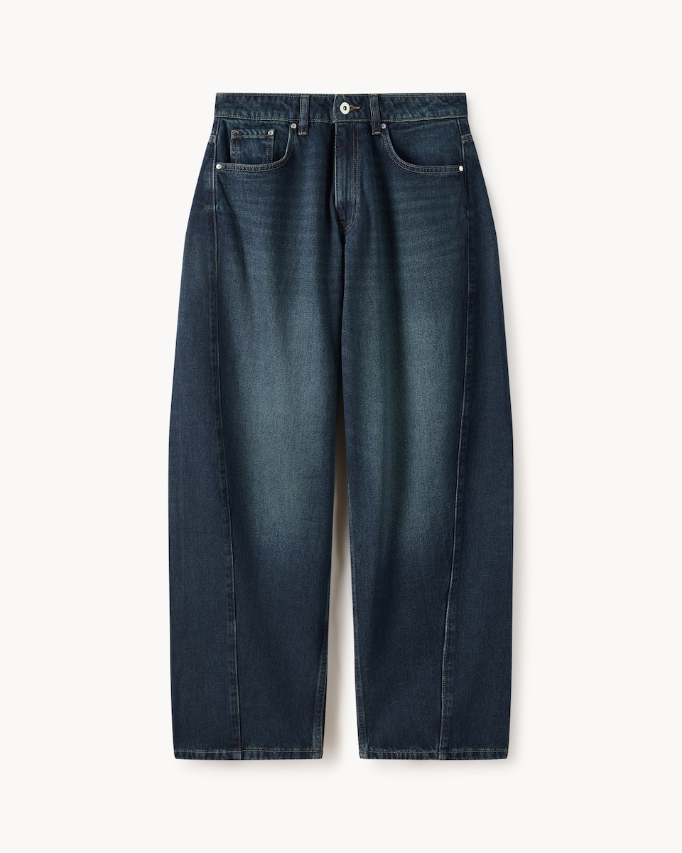 image 1 of F&F Tapered Barrel Leg Jeans in Navy