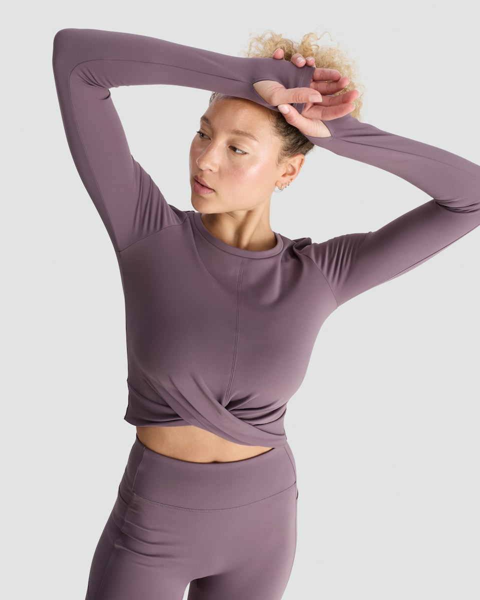 image 1 of F&F Active Twist Front Long Sleeved Top in Purple