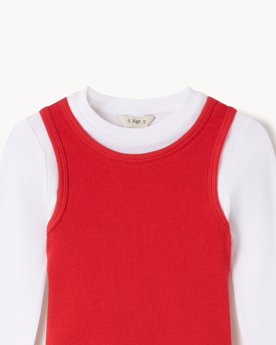 image 1 of F&F Girls Cotton Rich Layered Long Sleeved Top in Red