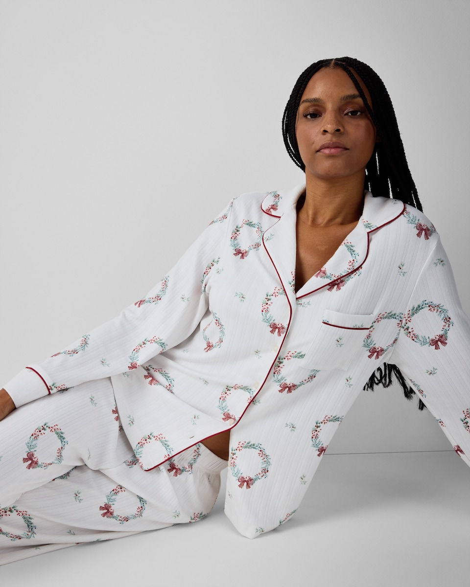 image 1 of Christmas Pointelle Wreath Revere Pyjama Set in Multi White