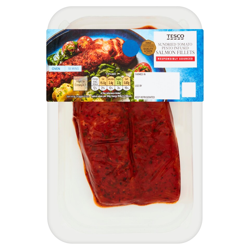 Tesco 2 Sun Dried Tomato Pesto Infused Salmon Fillets 230G Tesco Groceries