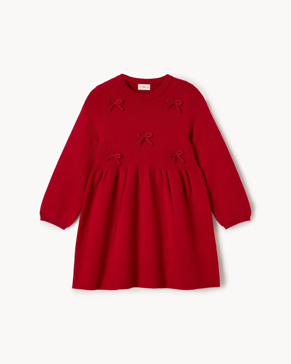 image 1 of Christmas Girls Knitted Bow Dress in Red