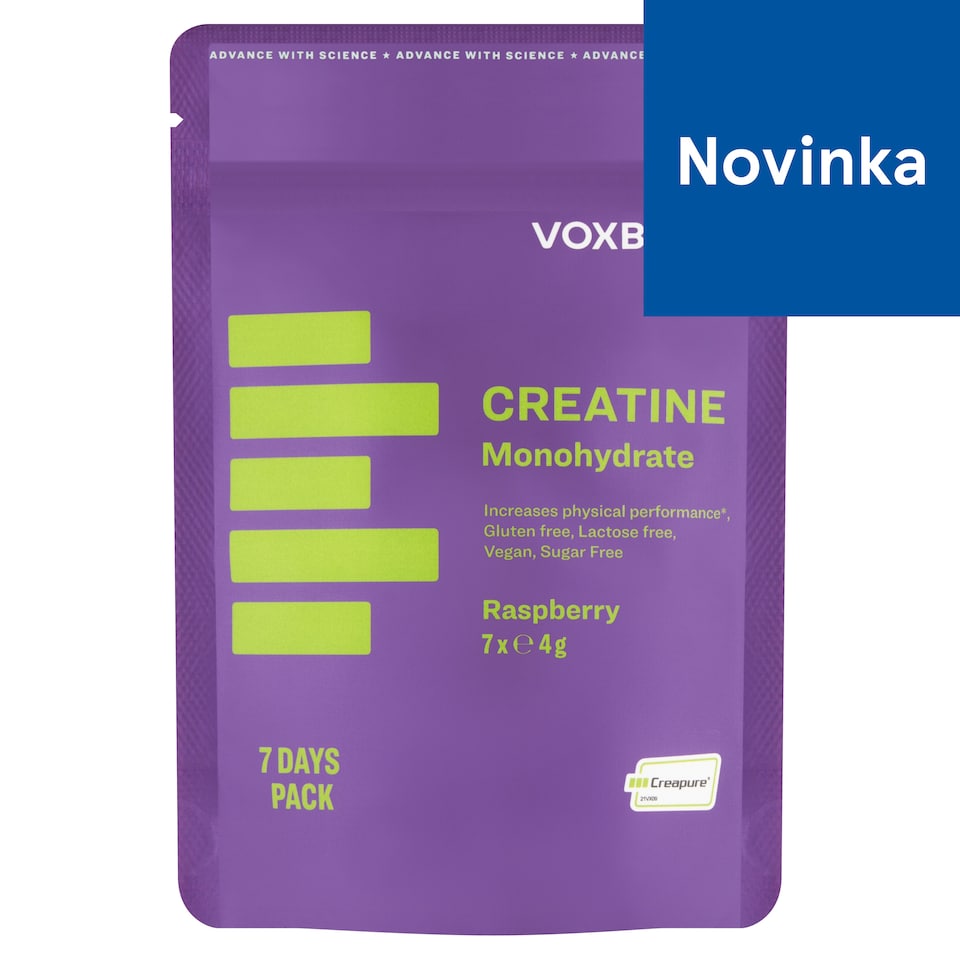 Voxberg Creapure 100 % kreatín monohydrát v prášku s malinovou príchuťou 28 g