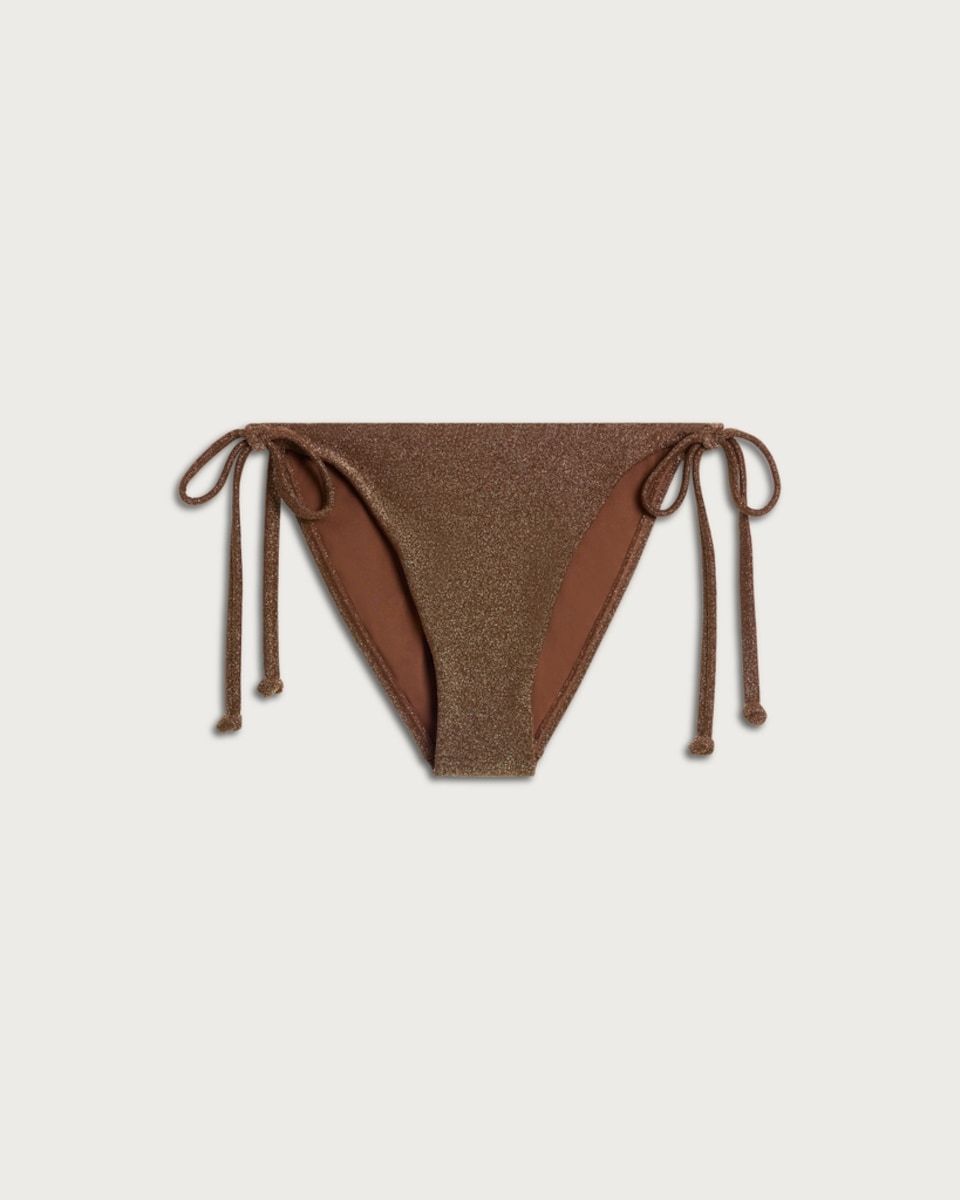 image 1 of F&F Metallic High Leg Tie Side Bikini Bottoms in Bronze