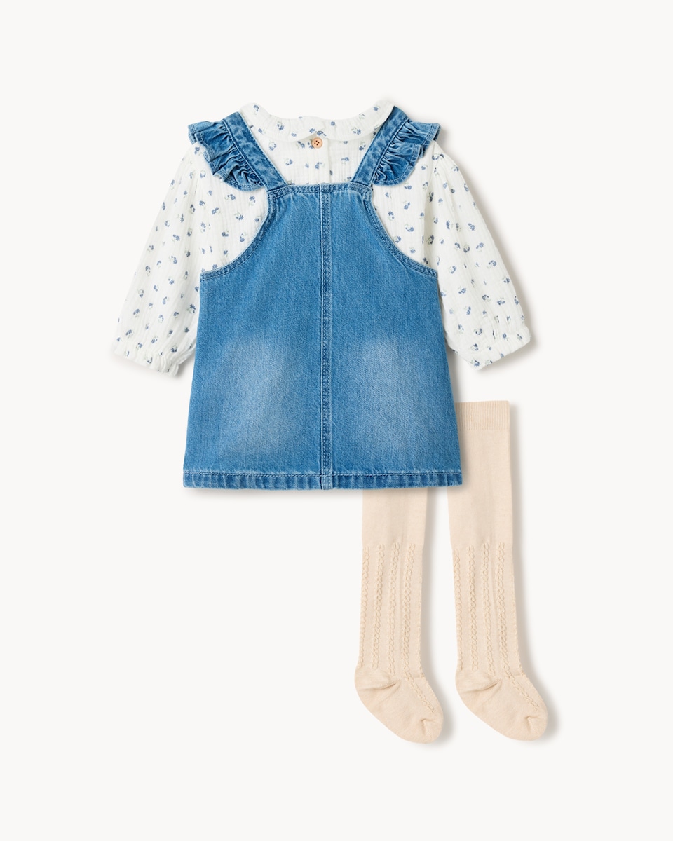 image 1 of F&F Baby Denim Pinny, Bodysuit and Tights Set in Blue