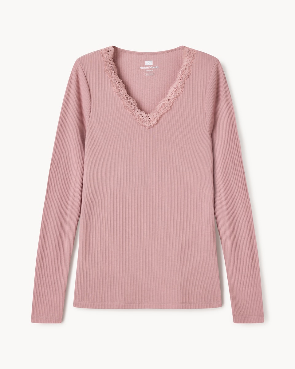 image 1 of F&F WARMPLUS™ Medium Warmth Thermal V Neck Long Sleeved Top in Pink