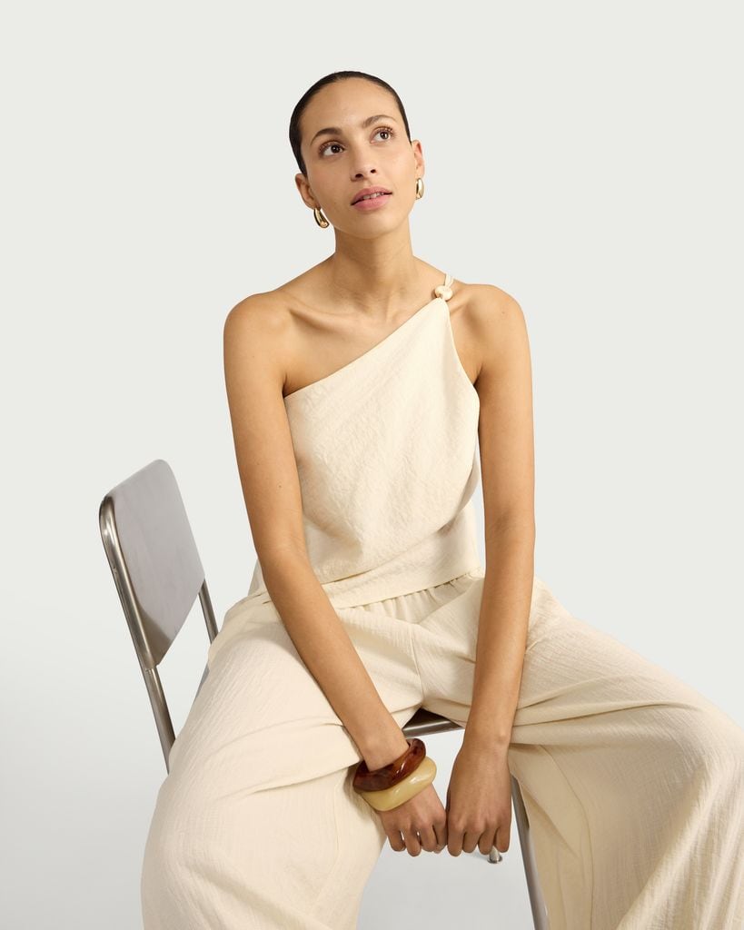 The F&F Edit One Shoulder Beaded Top in Cream