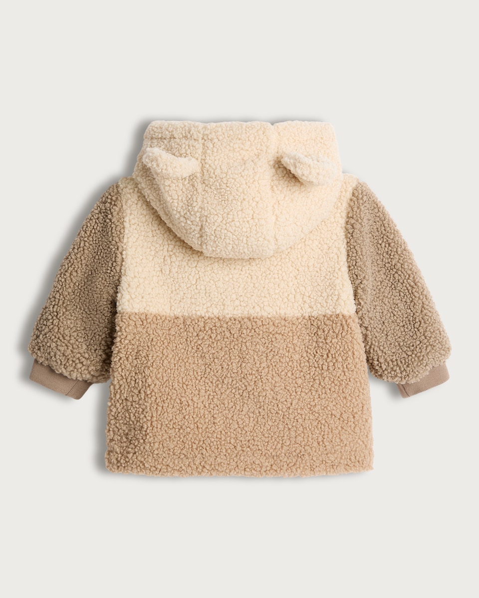image 1 of F&F Baby Borg Textured Animal Pocket Hooded Jacket in Brown