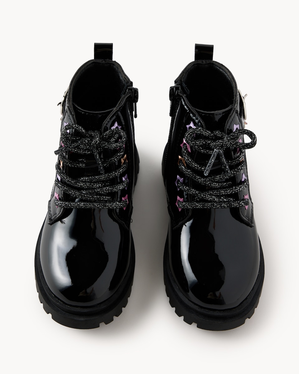 image 1 of F&F Girls Rainbow Lace Up Boots in Black