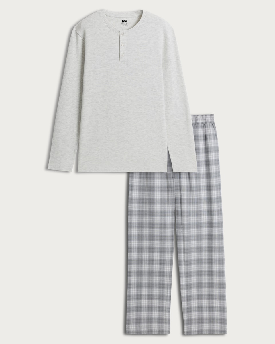 image 1 of F&F Cotton Rich Henley Checked Pyjamas Set in Multi