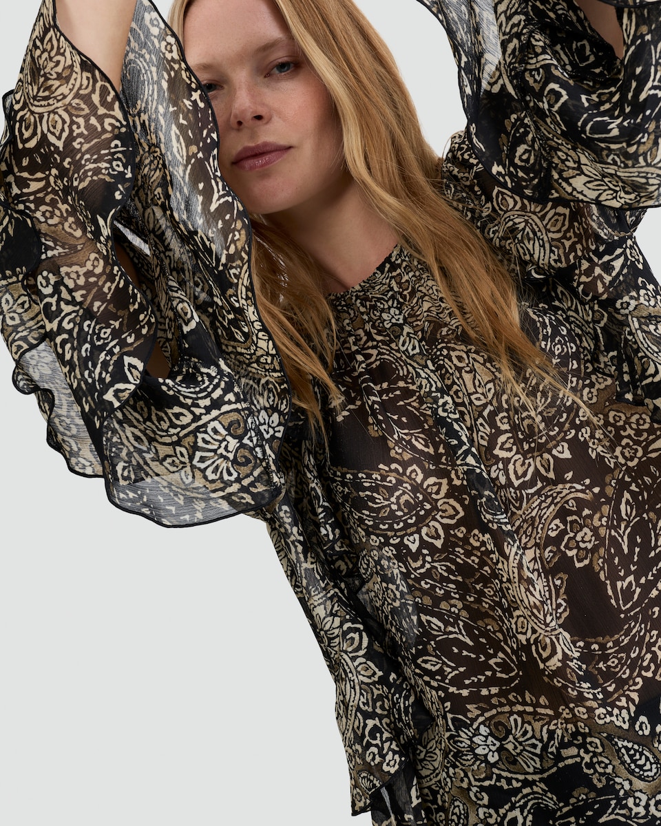 image 1 of F&F Paisley Print Ruffle Blouse in Multi Black White