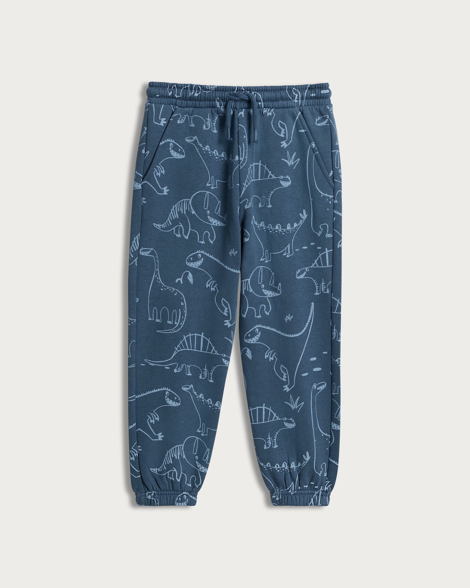 image 1 of F&F Boys Cotton Rich Dinosaur Print Cuffed Joggers in Blue