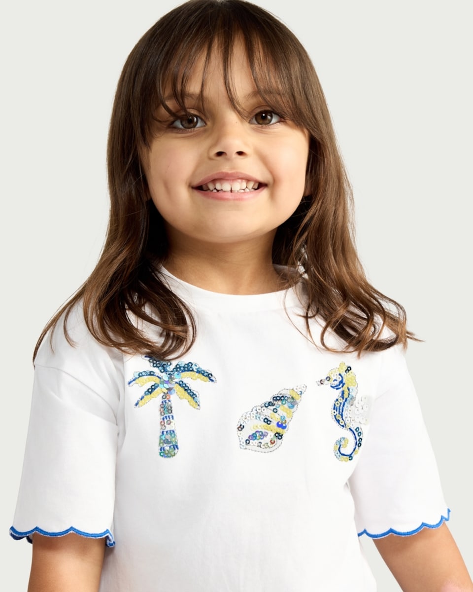 image 1 of F&F Girls 2-Piece Pure Cotton Sequin Top and Tiered Skirt Set in Multi Blue