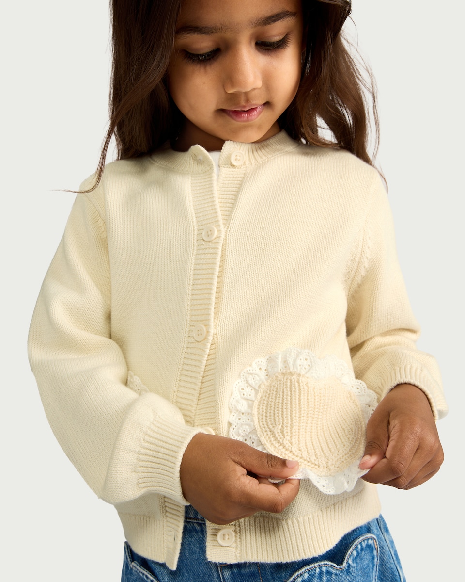 image 1 of F&F Girls Pure Cotton Lace Heart Cardigan in Cream