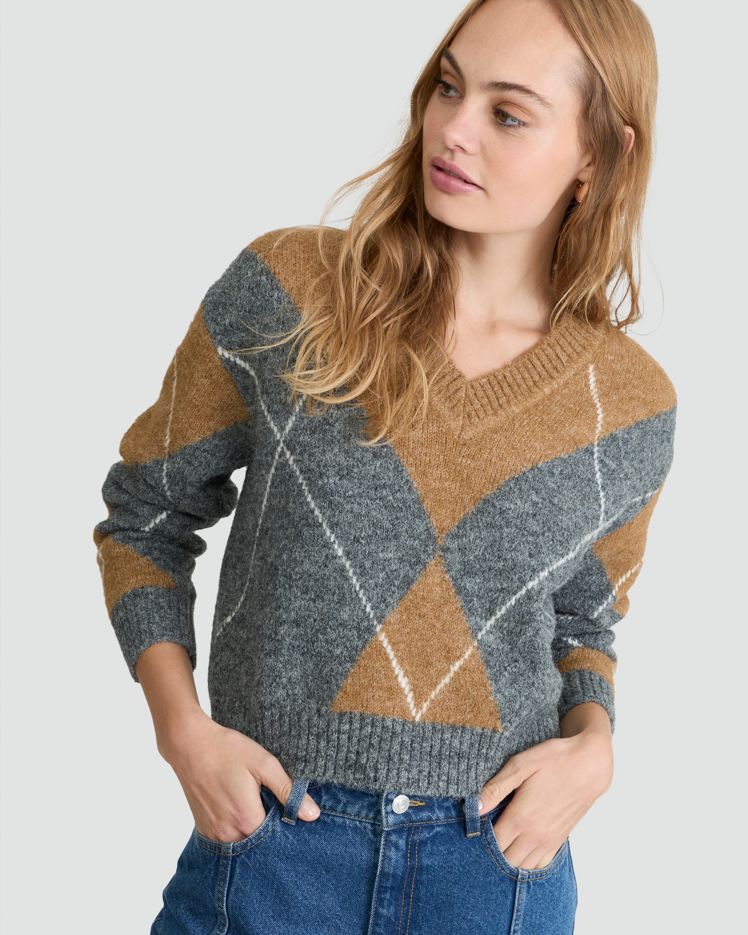 F&F Argyle V Neck Jumper with Wool in Grey - Tesco Groceries