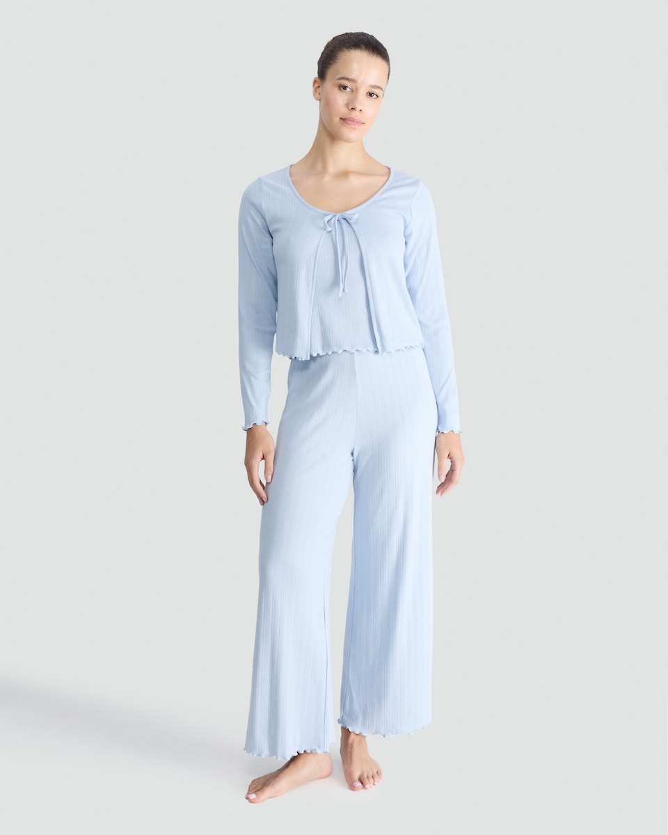 image 1 of F&F 3-Piece Ribbed Pointelle Cardigan, Cami and Trousers Pyjamas in Blue