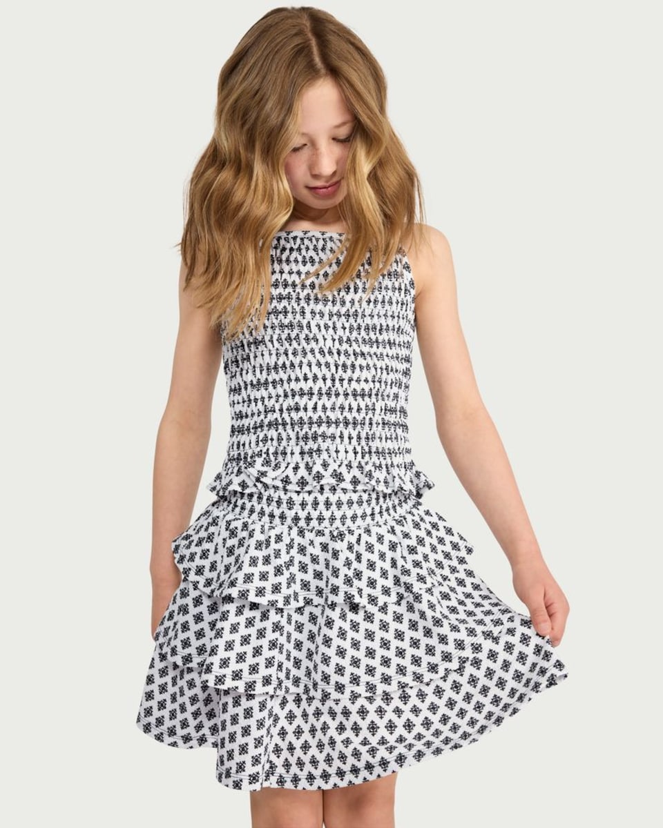 image 1 of F&F Girls 2-Piece Smocked Top and Tiered Skirt Set in Multi White
