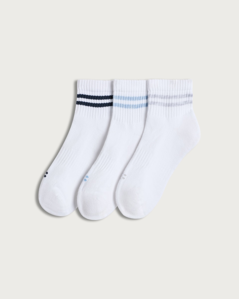 F&F Active 3-Pack Cotton Rich Stripe Accent Cropped Socks in White
