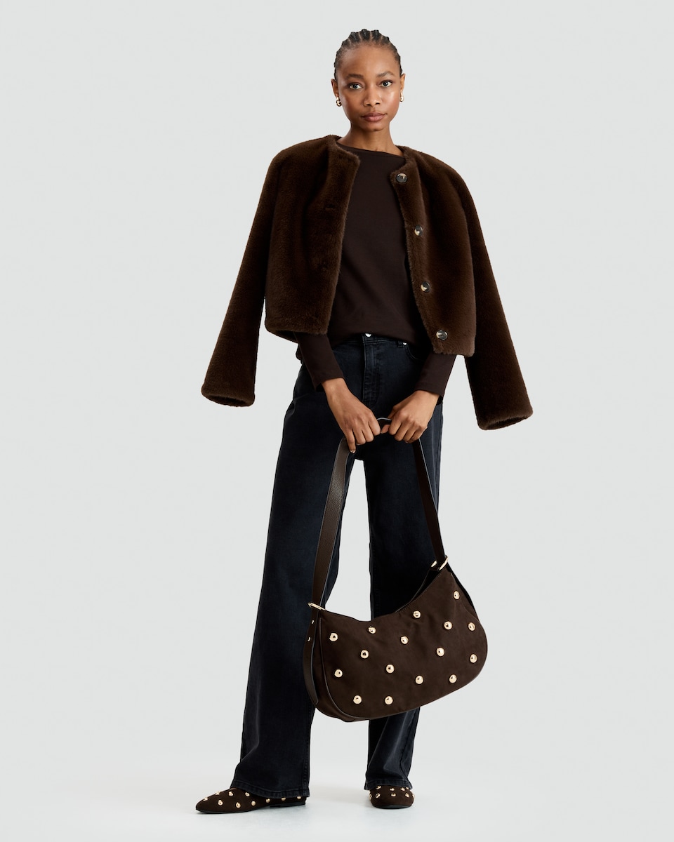 image 1 of F&F Cotton Rich Crew Neck Long Sleeved Top in Brown