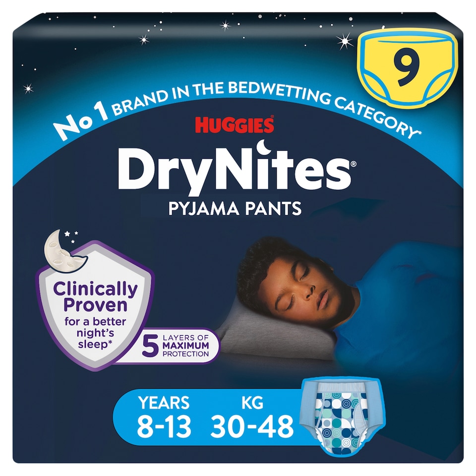 image 1 of Huggies DryNites Bedwetting Pyjama Nappy Pants Boy 8-13Yr x 9
