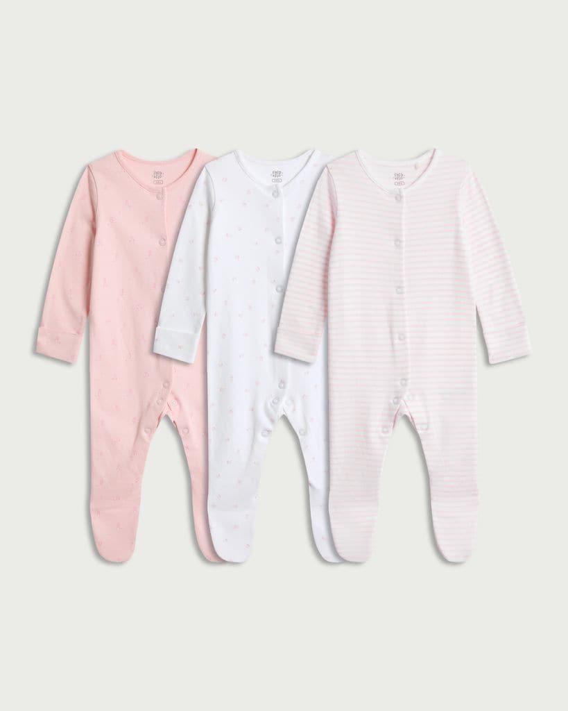 F&F Baby 3-Pack Pure Cotton Long Sleeved Sleepsuits in Pink