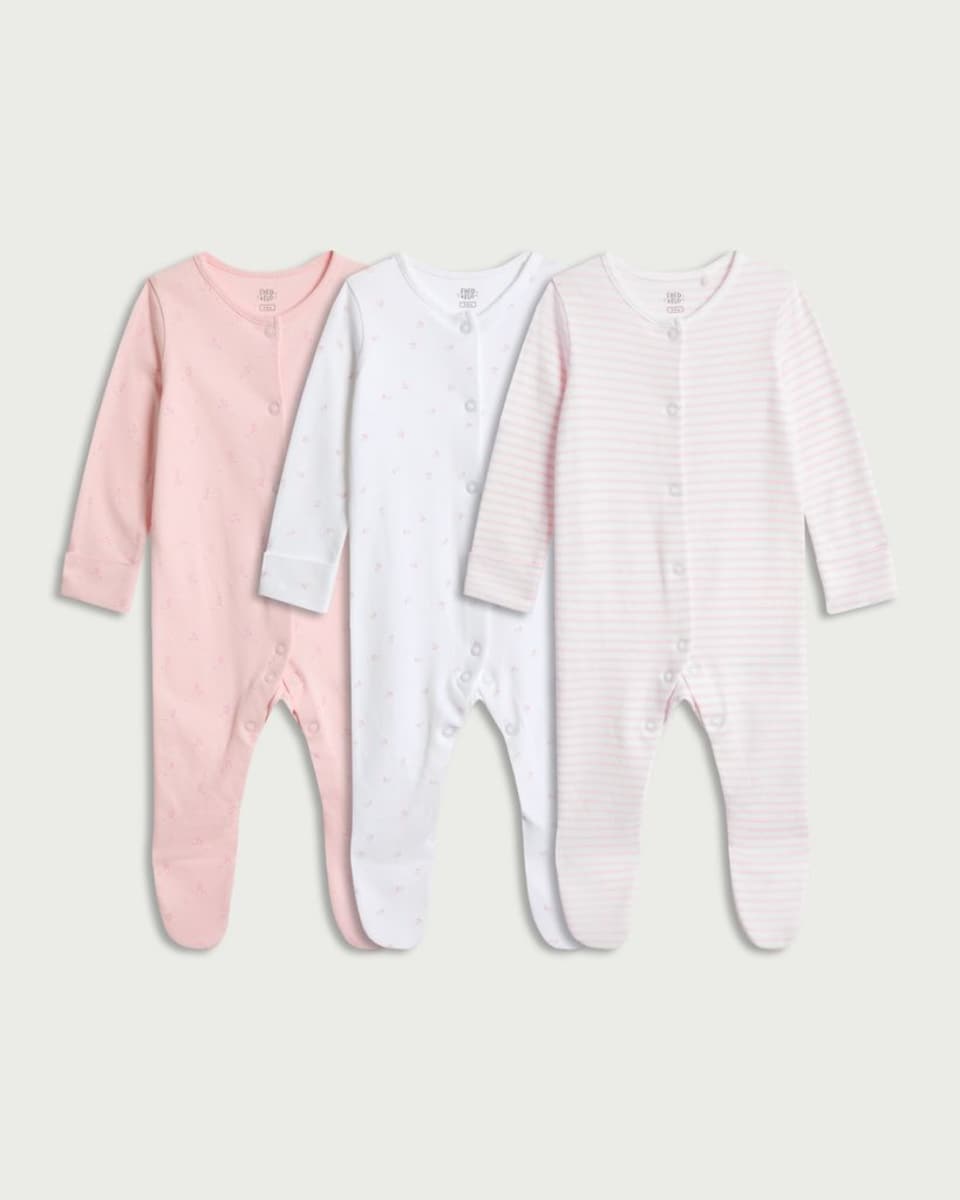 image 1 of F&F Baby 3-Pack Pure Cotton Long Sleeved Sleepsuits in Pink