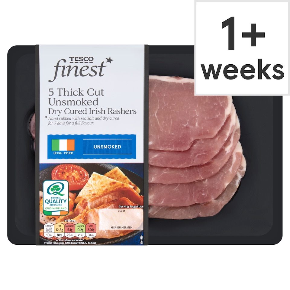 Tesco Finest 5 Thick Cut Unsmoked Dry Cured Irish Rashers 250g