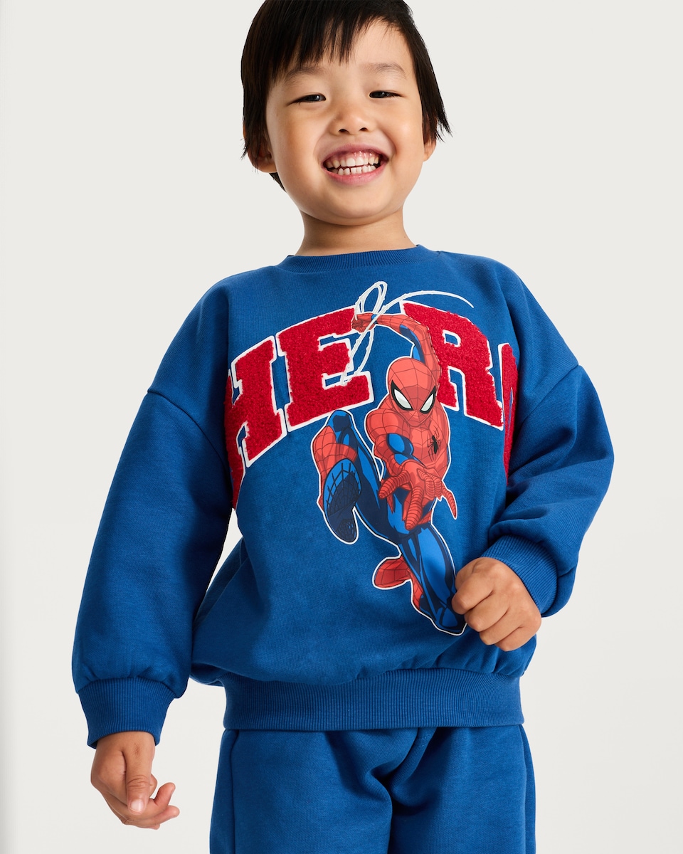 image 1 of Marvel Spider-Man Cotton Rich Hero Sweatshirt and Joggers Set in Blue