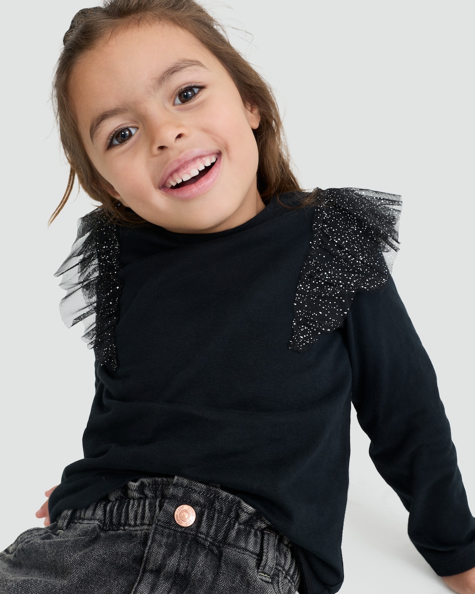 image 1 of F&F Girls Pure Cotton Ruffle Shoulder Long Sleeved Top in Black