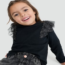 F&F Girls Pure Cotton Ruffle Shoulder Long Sleeved Top in Black