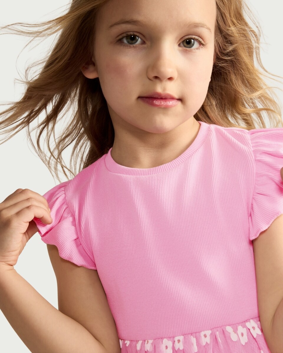 image 1 of F&F Girls Cotton Rich Floral Tulle Dress in Pink