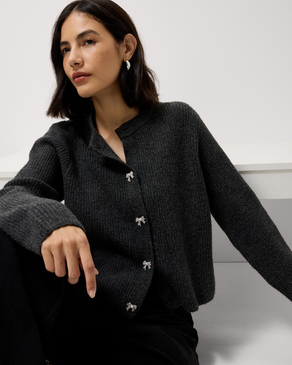 image 1 of F&F Ribbed Diamanté Bow Button Cardigan in Grey