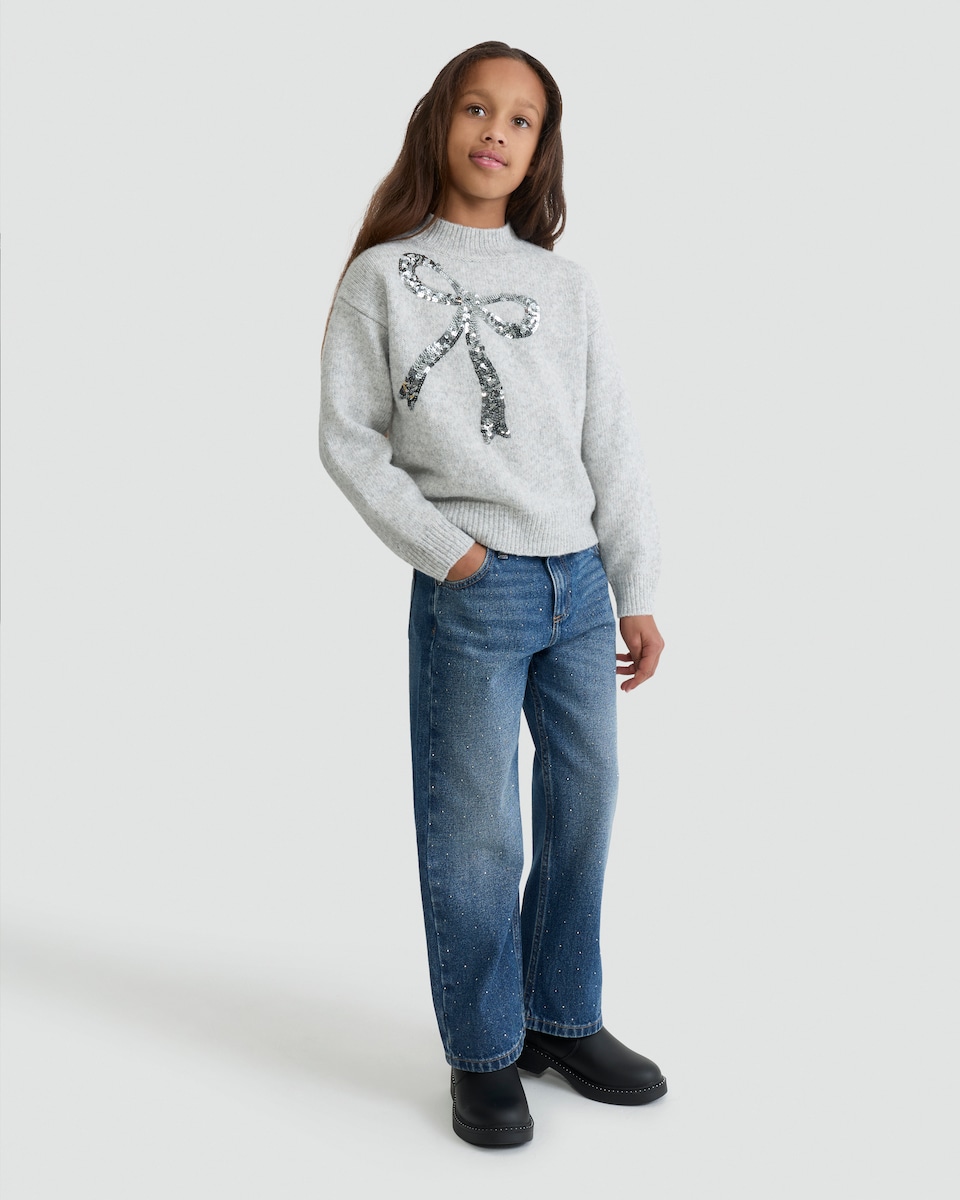 image 1 of F&F Girls Embellished Wide Leg Jeans in Dark Blue